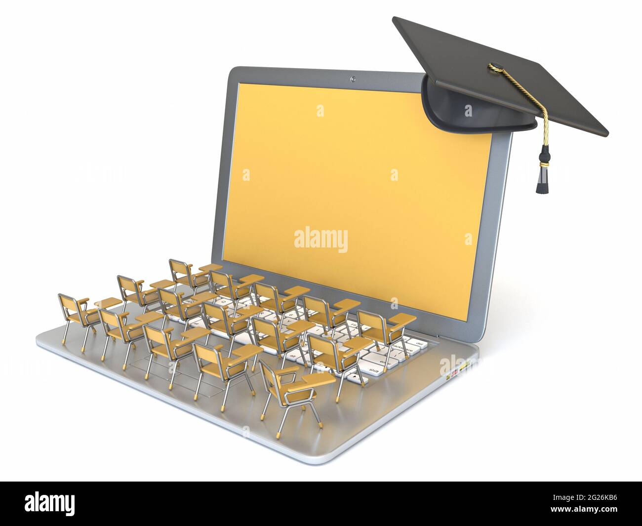 Les bureaux de la salle de classe sur le clavier des ordinateurs portables 3D rendent l'illustration isolée sur fond blanc Banque D'Images