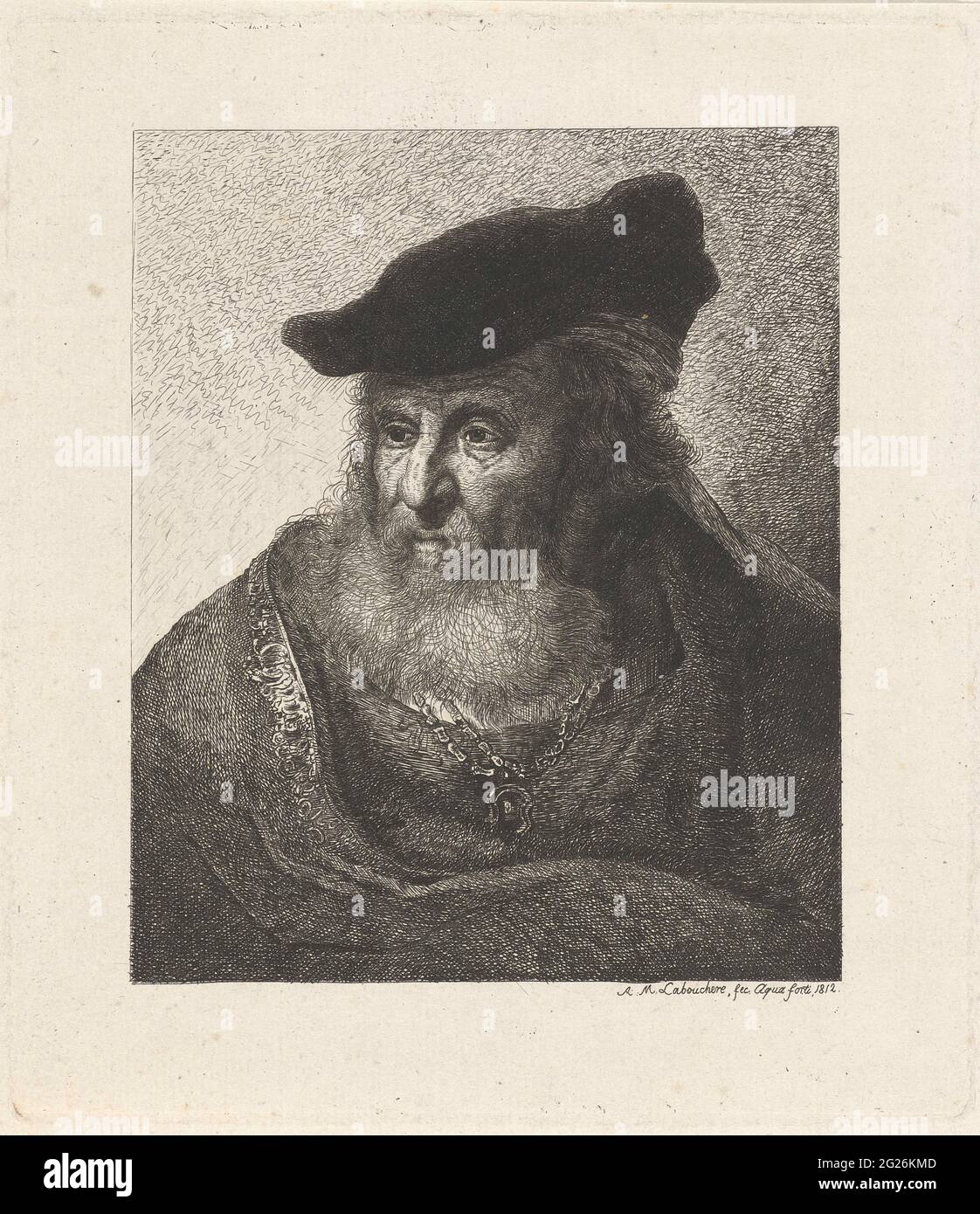 Portrait d'un rabbin. Portrait d'un rabbin barbu avec chapeau plat et chaîne autour du cou. Banque D'Images