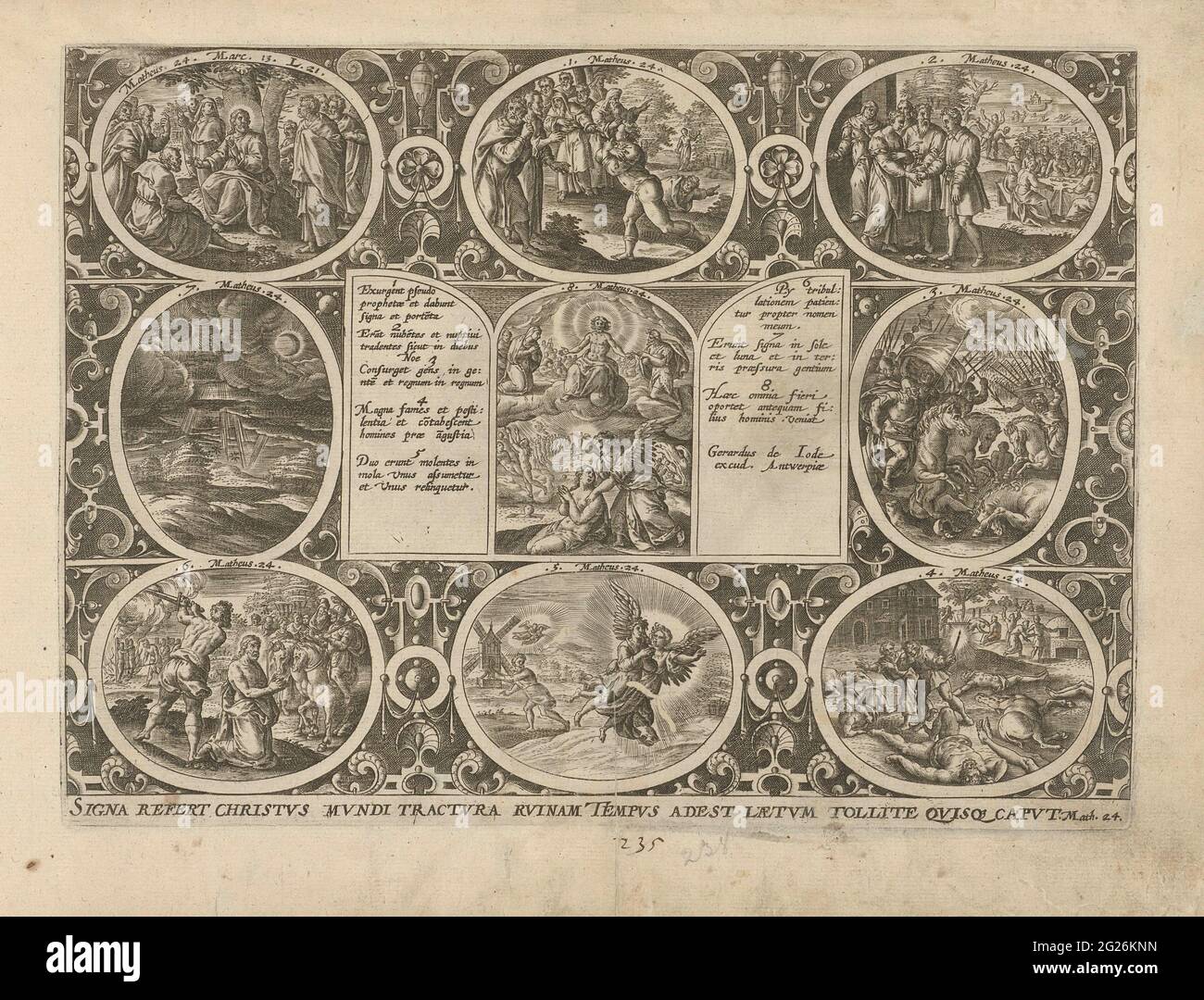 Dessiner ce point pour tomber dans le monde. Cadre ornemental avec huit médaillons numérotés avec des signes qui indiquent la chute du monde de l'Evangile de Matthieu: Christ avec ses étudiants dans la cour de Getemane; les prophètes faux font des merveilles; les gens continuent à célébrer jusqu'à ce que Noé entre à bord de l'Arche et libère le flux; Les peuples tirent les uns contre les autres; les gens sont punis de faim et de taquinerie; deux femmes se tournent vers un moulin, l'une d'entre elles est prise; le maître punit son serviteur avec l'épée; éclipse du soleil, les étoiles tombent du ciel et la lune ne donne plus de lumière. Dans TH Banque D'Images