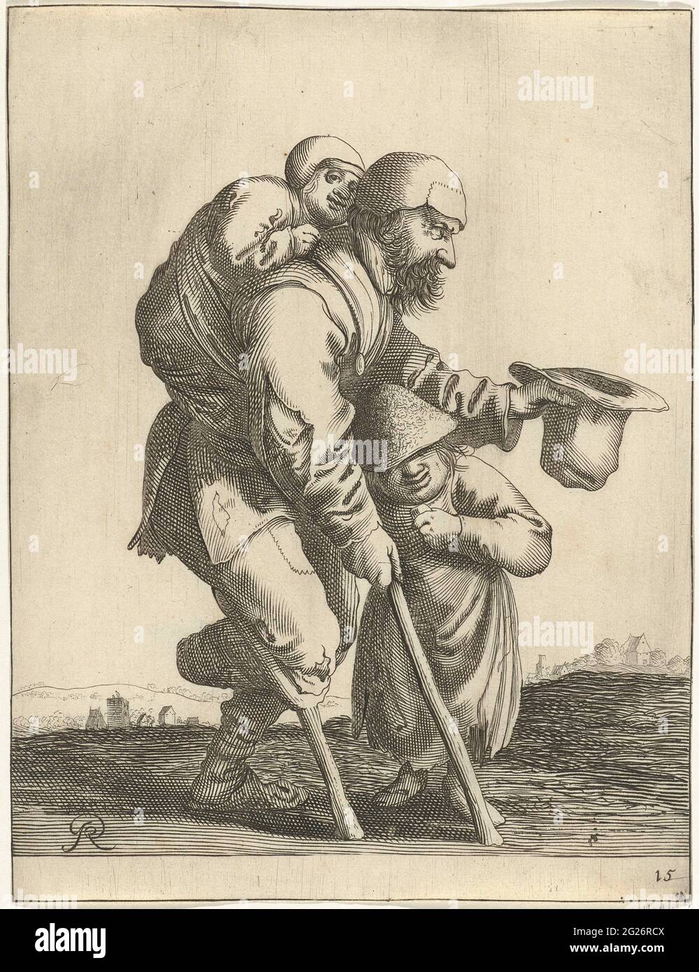 Manman mendiant avec deux enfants; mendiants et agriculteurs. Un mendiant barbu, avec une jambe en bois, s'appuie sur son tabouret, un enfant sur son dos. L'homme s'enragisant avec son chapeau. Il y a un deuxième enfant sous son bras. L'imprimé fait partie d'une série de vingt-six tirages avec mendiants et agriculteurs. Banque D'Images