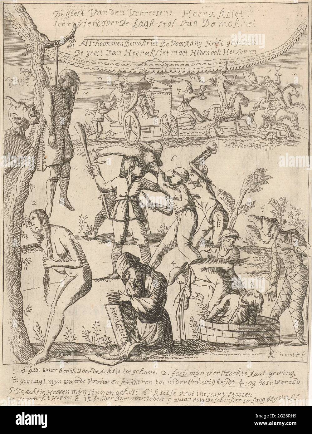 Conséquences désastreuses de l'action trade, 1720; l'Esprit de l'Orange Heeraklite Schryend sur le tissu Lagh de Demokriet; la grande scène de la folie (pièces supplémentaires). Plusieurs hommes se suicide après avoir tout perdu dans le commerce d'action, d'autres sont devenus fous ou commettent un vol. Au premier plan le cri heraclitus, en arrière-plan la voiture du Rijkaard. Dans la légende, la déclaration des figures 1 à 9. L'imprimé appartient au groupe de prans ajouté à la scène de la scène de folie avec des carents au commerce du vent de 1820. Banque D'Images