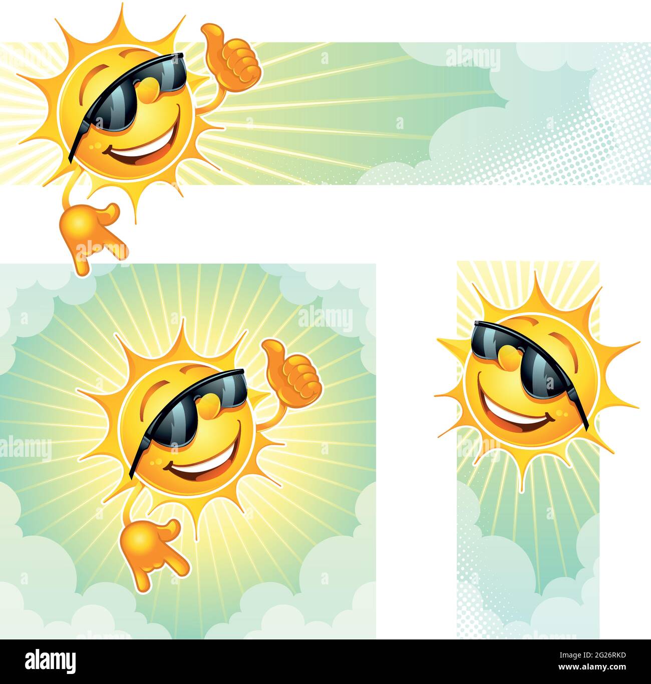 Soleil d'été souriant avec des lunettes de soleil entre les nuages en faisant des gestes vers le haut. Bannières Sunshine, icônes. Illustration vectorielle. Illustration de Vecteur
