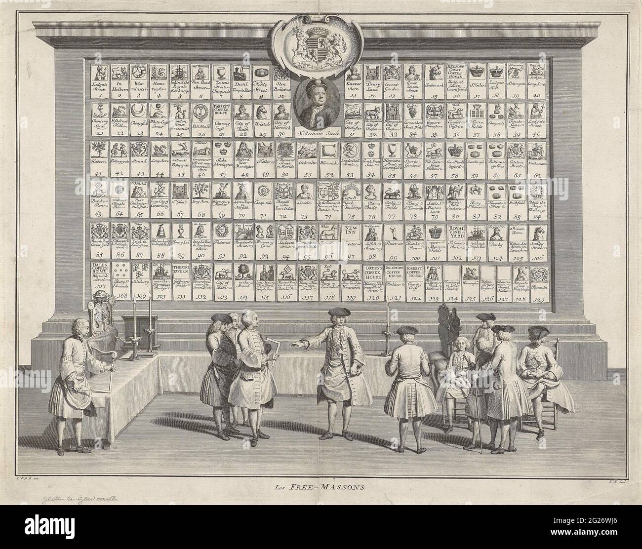 Salle de réunion de Freemasons ; les Free-Massons. La chambre Freemasse où au milieu les maîtres avec crochet de shopping et le passant sont en contrôle. À droite se trouve un groupe d'hommes pour un jeune homme et un liseur avec chapeau, tous deux assis sur une chaise. Tout sur la gauche un siège sur une augmentation. Au milieu, un médaillon avec le portrait de Sir Richard Steele et une arme avec la devise: La bonne cause. Banque D'Images