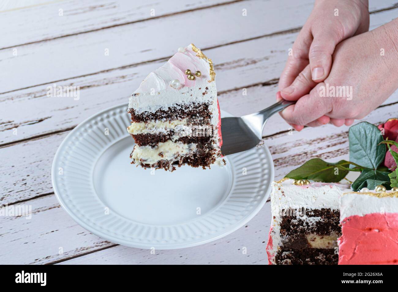 Placer Une Tranche De Gateau Au Chocolat Recouvert De Creme De Beurre De Meringue Suisse Sur Une Assiette Photo Stock Alamy Placer Une Tranche De Gateau Au Chocolat Recouvert De Creme De Beurre De Meringue Suisse Sur Une Assiette Photo Stock Alamy