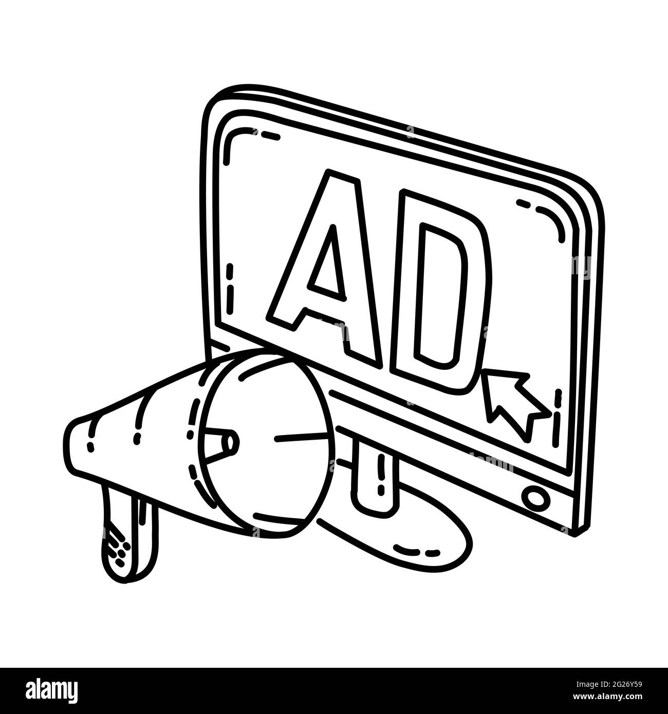 La publicité fait partie des activités de radiodiffusion jeu d'icônes vectorielles dessinées à la main. Illustration de Vecteur