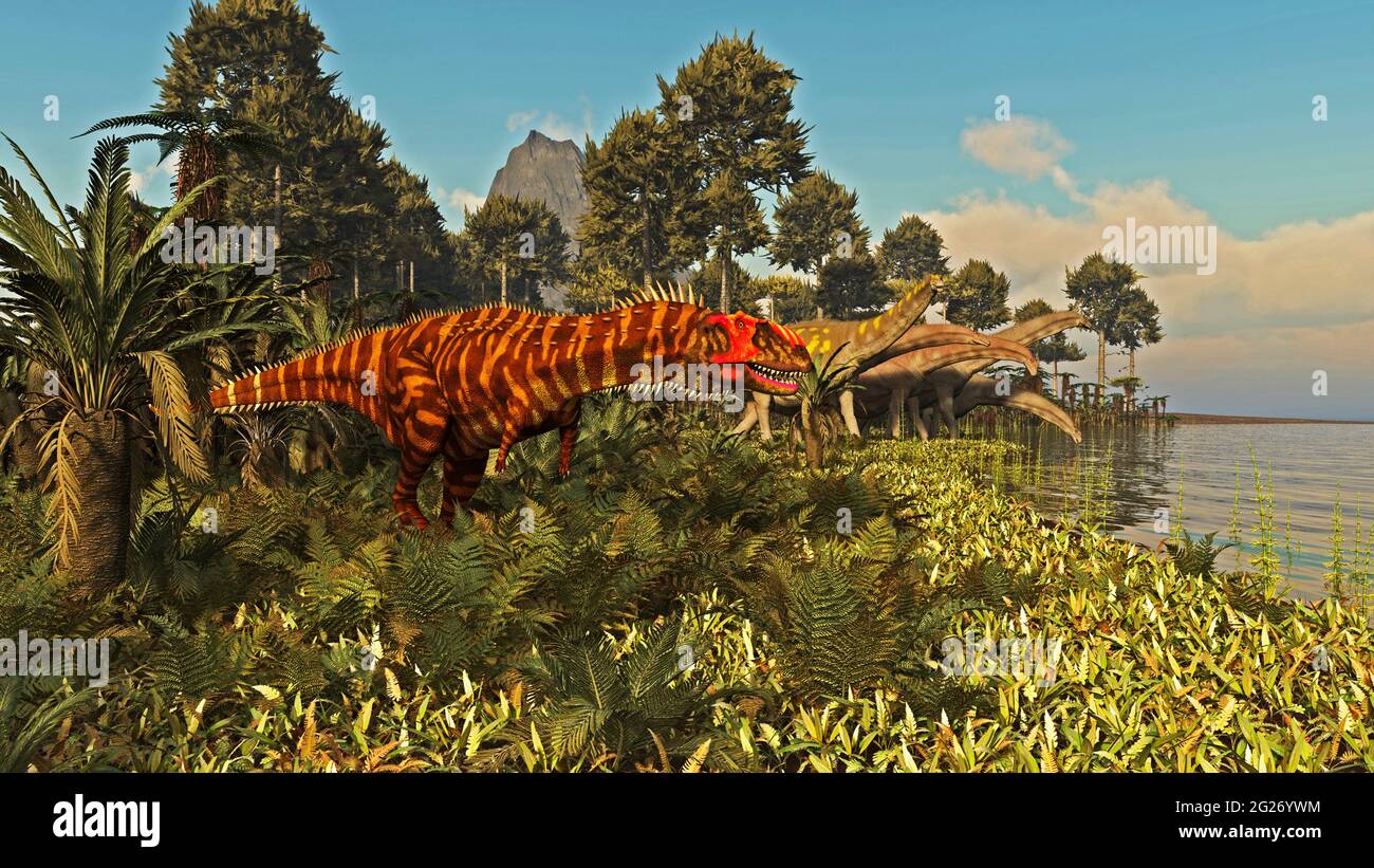 Rajasaurus dans la formation de Lameta de l'Inde occidentale. Titanosaurus graze en arrière-plan. Banque D'Images