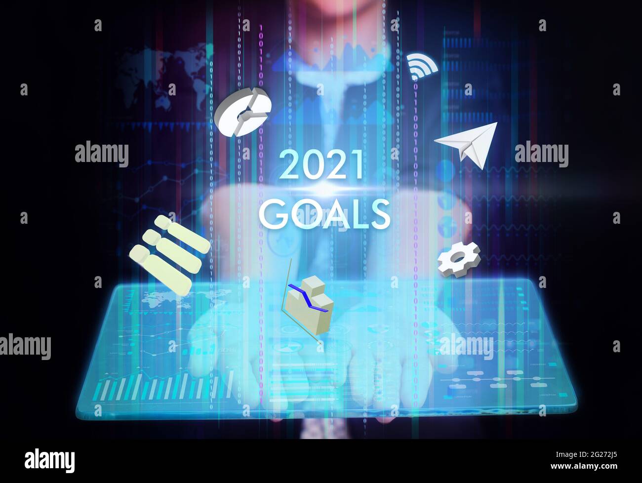 Concept commercial, technologique, Internet et réseau. Jeune homme d'affaires travaillant sur un écran virtuel de l'avenir et voit l'inscription: 2021 buts Banque D'Images