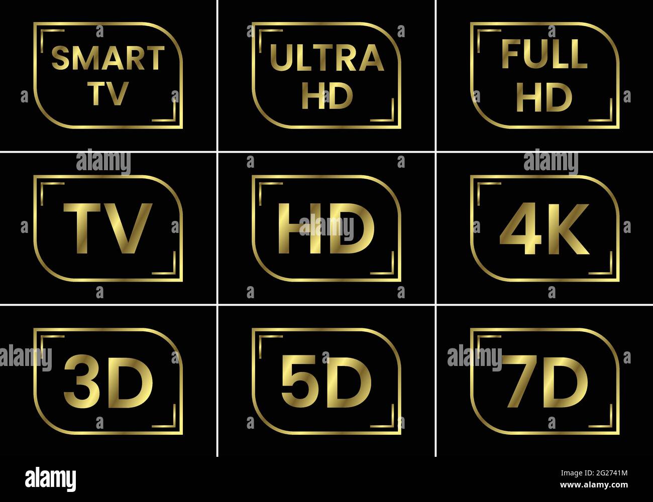 Icône Golden TV définie. Étiquettes TV HD 3D 5D 7D Smart TV Full HD 4K Ultra HD Illustration de Vecteur