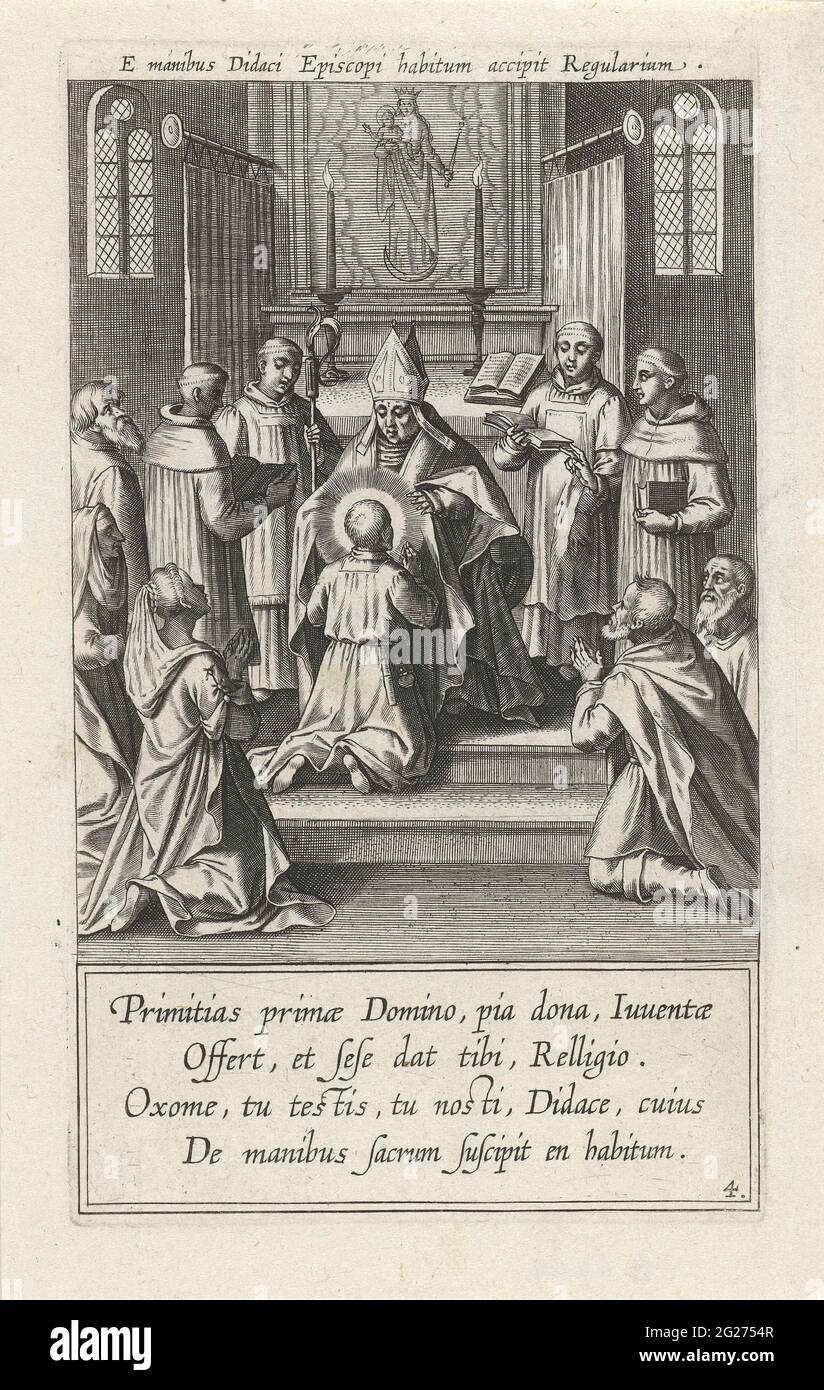 Vision du Saint Dominicus au sujet des Apôtres Petrus et Paul; vie et fous du Saint Dominicus; Vita et miracula s.p. Dominiciens. Dans le Sint-Pieterskerk de Rome, le dominien sacré reçoit la visite des Apôtres Petrus et Paul dans une vision. Ils lui donnent respectivement un personnel et un livre et le recommandent de répandre la parole de Dieu. L'imprimé a une inscription et une légende latines et fait partie d'une série postale pour un livre sur la vie du Saint Dominicus. Banque D'Images