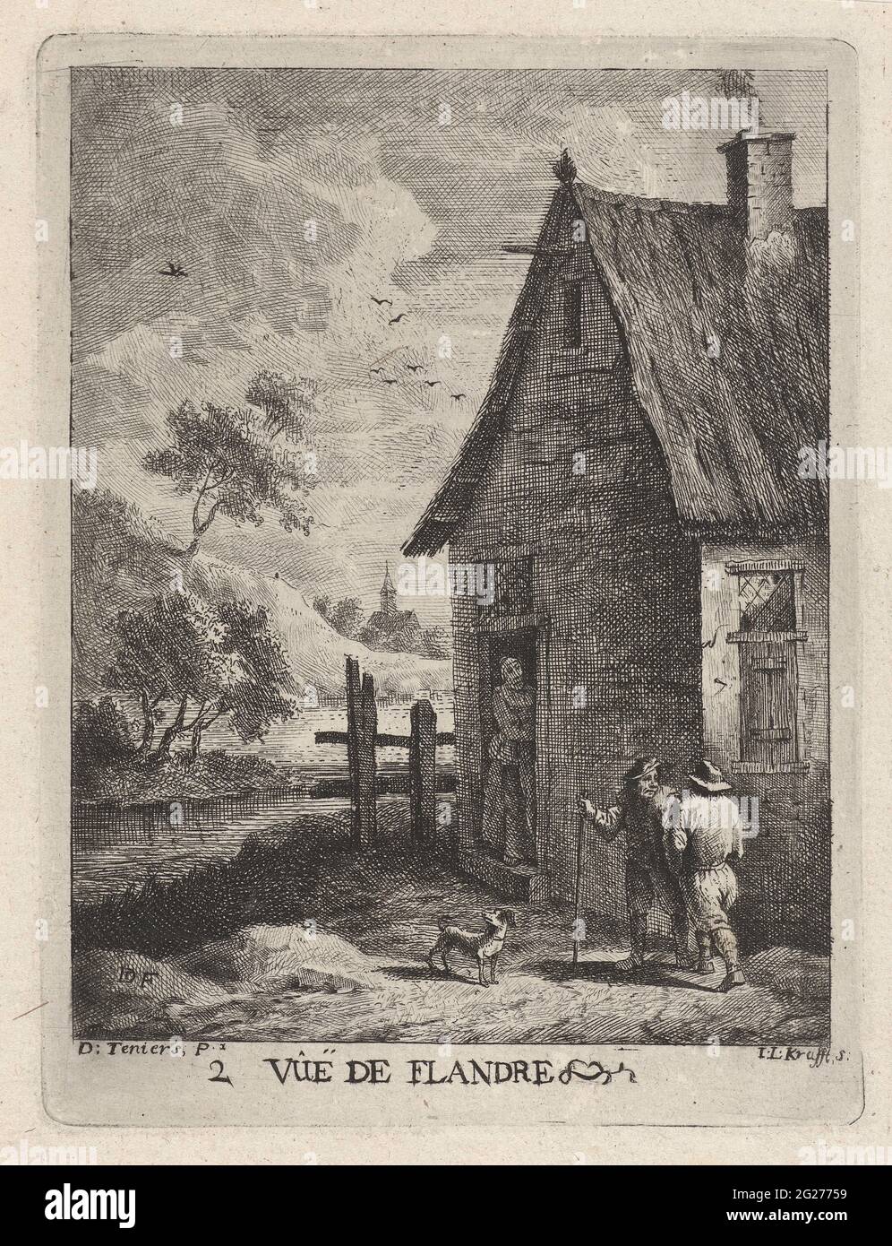 Les chiffres à la maison; 2. Vûë de Flandre; visages en Flandre. Dans la porte d'une ferme, une femme regarde deux hommes qui parlent. En plus des hommes, il y a un chien et une tour d'église peut être vue en arrière-plan. L'imprimé fait partie d'une série de paysages flamands. Banque D'Images