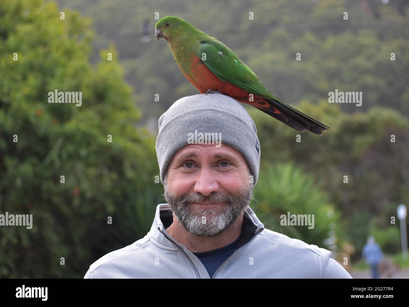 Homme avec un perroquet sur la tête en Australie Banque D'Images