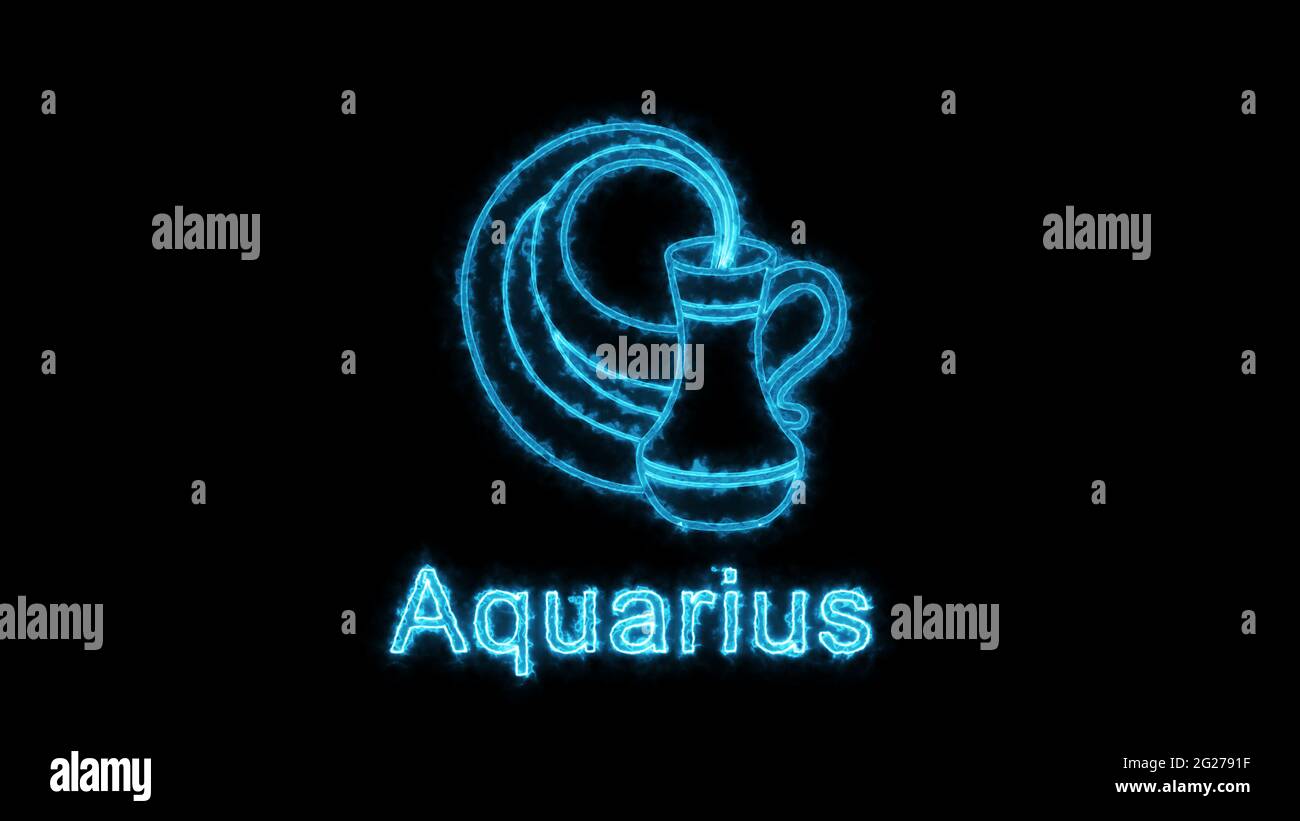 Le symbole du zodiaque Aquarius, le signe de l'horoscope effet d'éclairage néon vert lueur. Fonds de haute qualité de redevance de signes Aquarius isolés sur fond noir Banque D'Images