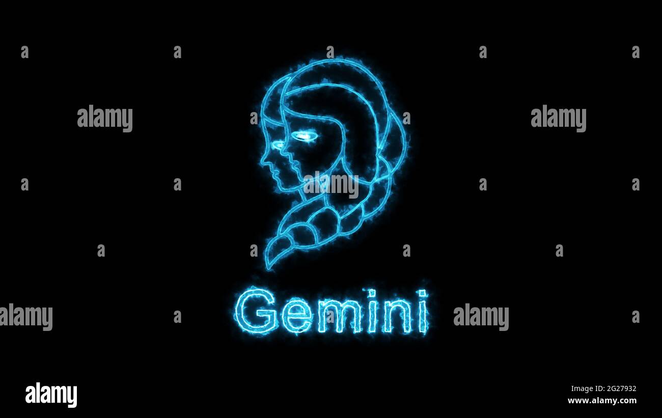 Le symbole Gémeaux zodiaque, horoscope signe éclairage effet néon vert lueur. Libre de droits de haute qualité des panneaux Gemini isolés sur fond noir Banque D'Images