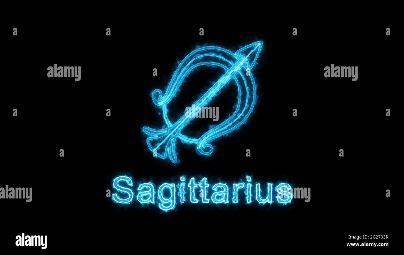 Le symbole Sagittaire zodiac, signe horoscope effet d'éclairage néon vert lueur. Photo de la réserve de droits Sagittaire signes isolés sur fond noir Banque D'Images