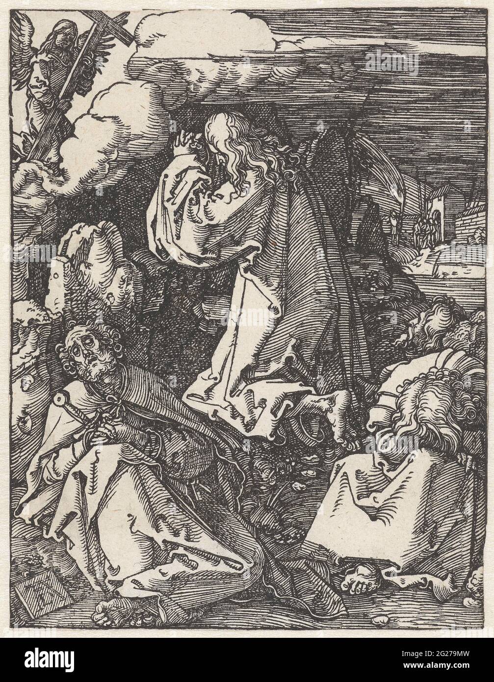 Christ dans la cour de Getemane; la petite passion. Le Christ prie dans la cour de Getemane, tandis que ses disciples autour de lui dorment. Cet imprimé fait partie de la série d'imprimés « de Kleine Passie », composée d'un titre imprimé et de 36 scènes bibliques (principalement issues de l'histoire de souffrance). Banque D'Images