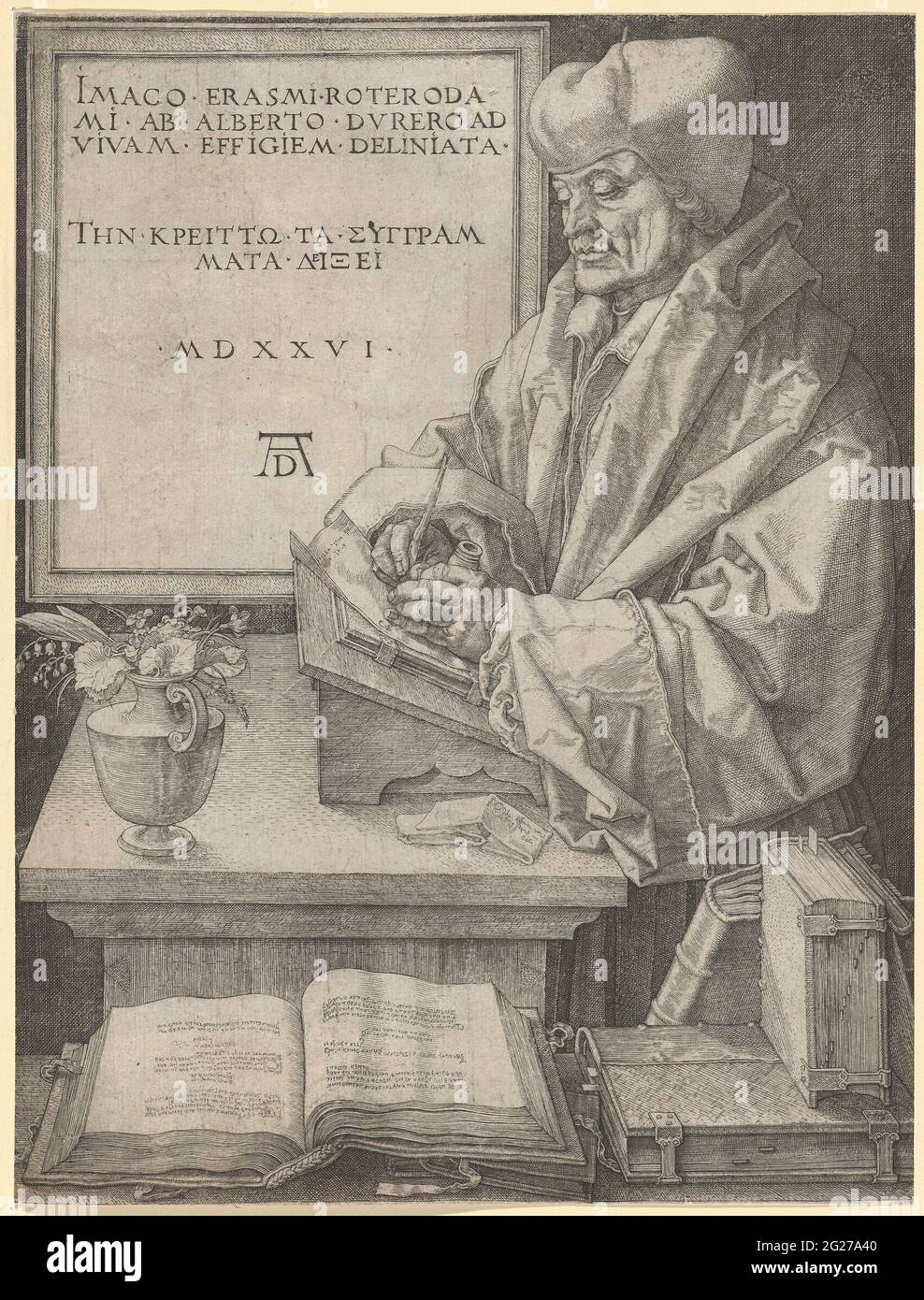 Portrait d'Erasmus; Imago Erasme Roterodami AB Alberto Durero ad Vivam Effigiem Deliniata. Portrait d'erasmus, écriture, debout sur un lecteur à une table sur laquelle se trouve un vase avec des fleurs. Une tablette sur le mur avec du texte latin derrière la table. Banque D'Images