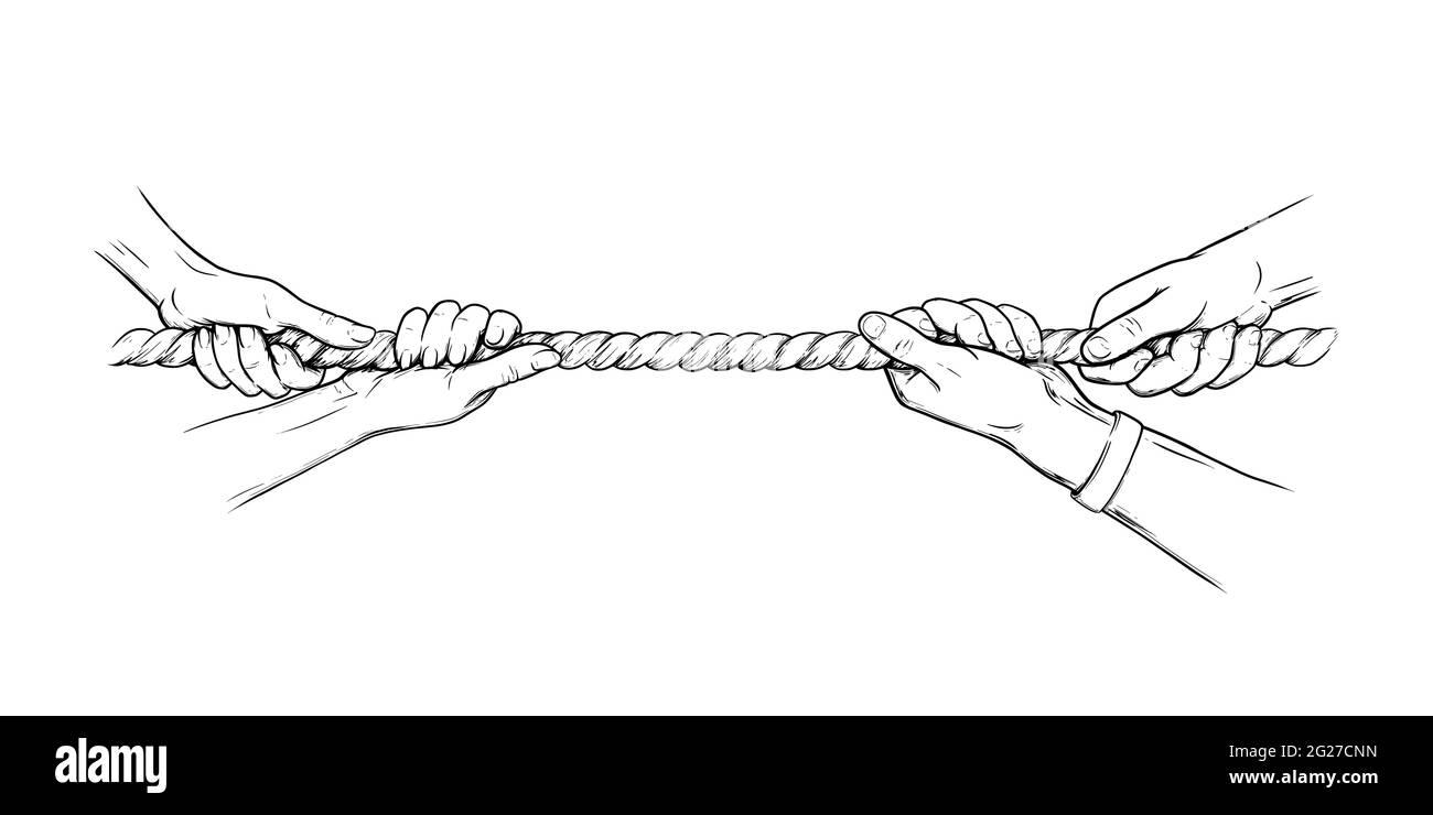La compétition de guerre de remorqueurs avec corde. Mains tirant la corde. Esquissez une illustration vectorielle dessinée à la main isolée sur fond blanc Illustration de Vecteur