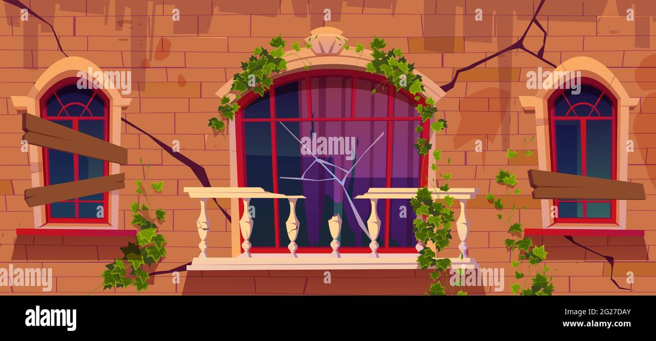 Ivy sur la façade ancienne de bâtiment abandonné, vignes avec des feuilles vertes grimpant à des fenêtres à bord et balustrade de balcon en marbre cassé. Extérieur de maison vintage avec mur fissuré dessin vectoriel de dessin animé Illustration de Vecteur