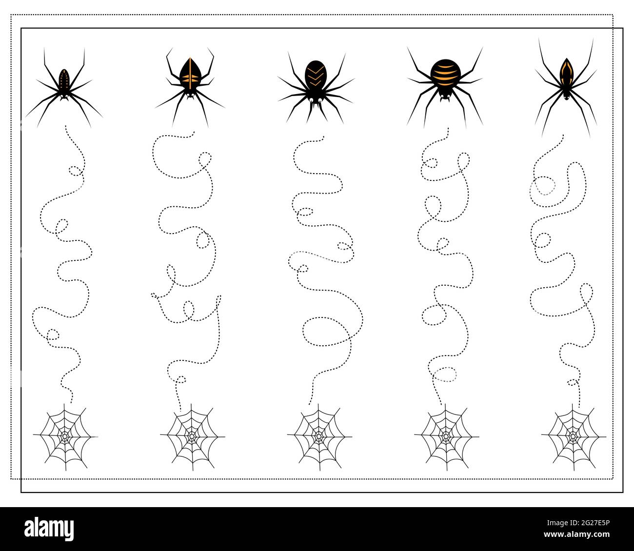 jeu d'entraînement d'écriture pour les enfants, de point en point, les araignées vont vers le web, halloween. vecteur isolé sur un fond blanc. Illustration de Vecteur