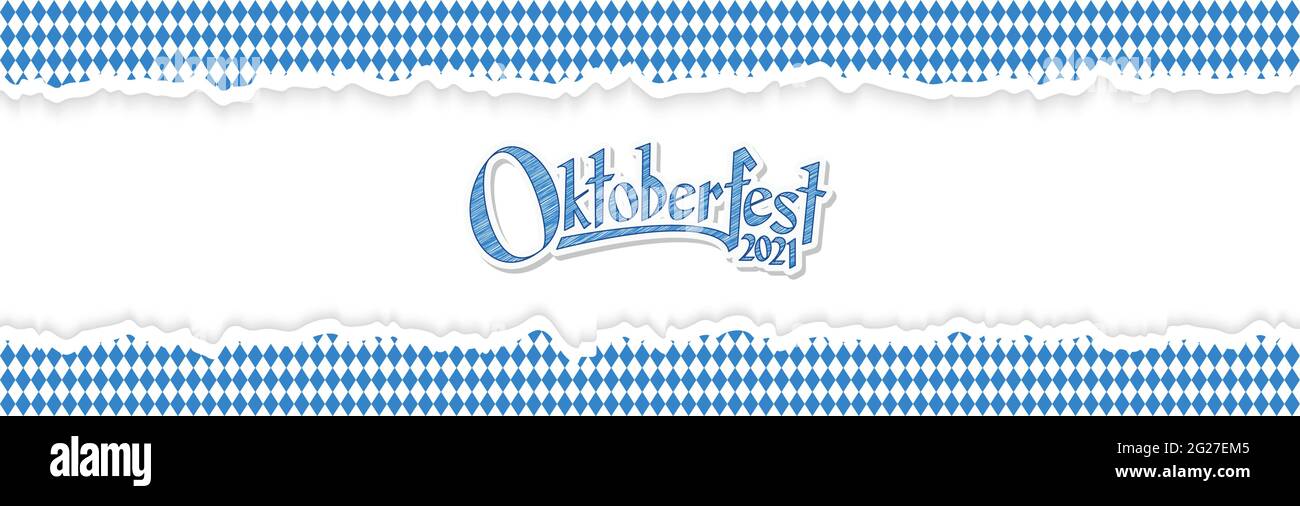 Arrière-plan de l'Oktoberfest avec papier ouvert déchiré avec motif à carreaux bleu-blanc Et texte Oktoberfest 2021 Illustration de Vecteur