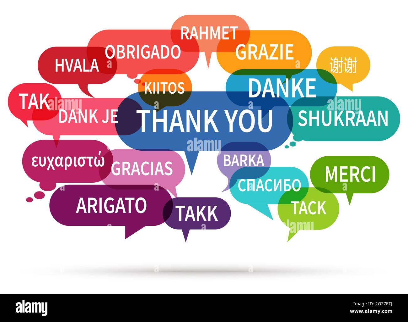 Illustration vectorielle EPS 10 des bulles de voix colorées isolées en nuage sur fond blanc avec texte de bienvenue ' merci ' dans différentes langues Illustration de Vecteur