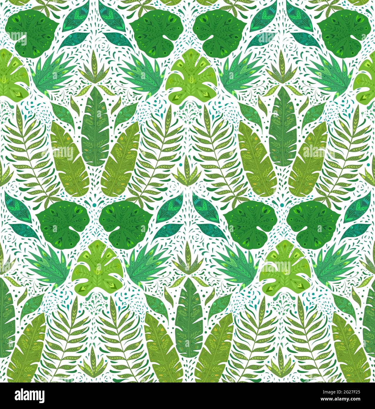 Motif damassé sans couture avec feuilles de monstère, banane et liana sur fond blanc. Papier peint tropical. Texture avec feuillage de jungle. Tissu vectoriel avec Illustration de Vecteur
