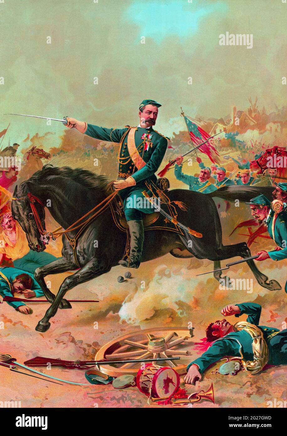 L'imprimé de la Guerre de Sécession du général Philip Sheridan à cheval, qui mène les hommes au combat. Banque D'Images