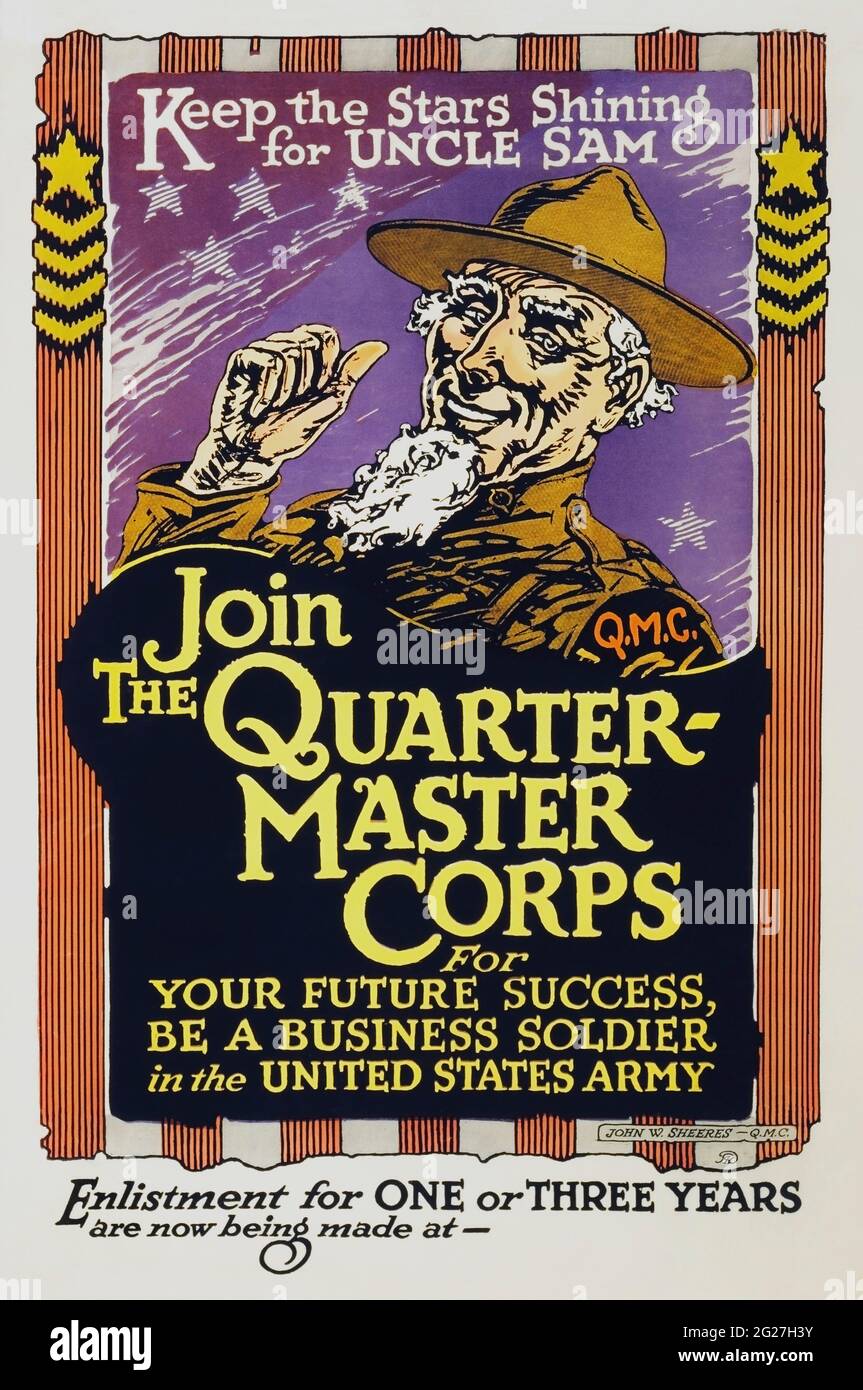 L'imprimé militaire américain de l'oncle Sam dans une annonce soutenant joindre le corps de Quartermaster de l'armée américaine. Banque D'Images