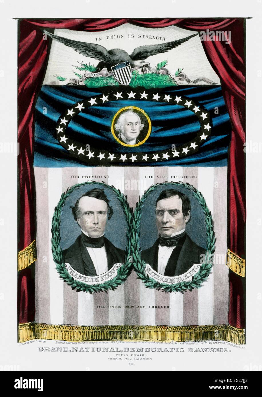Imprimé historique du XIXe siècle des candidats démocrates à la présidence Franklin Pierce et William R. King. Banque D'Images