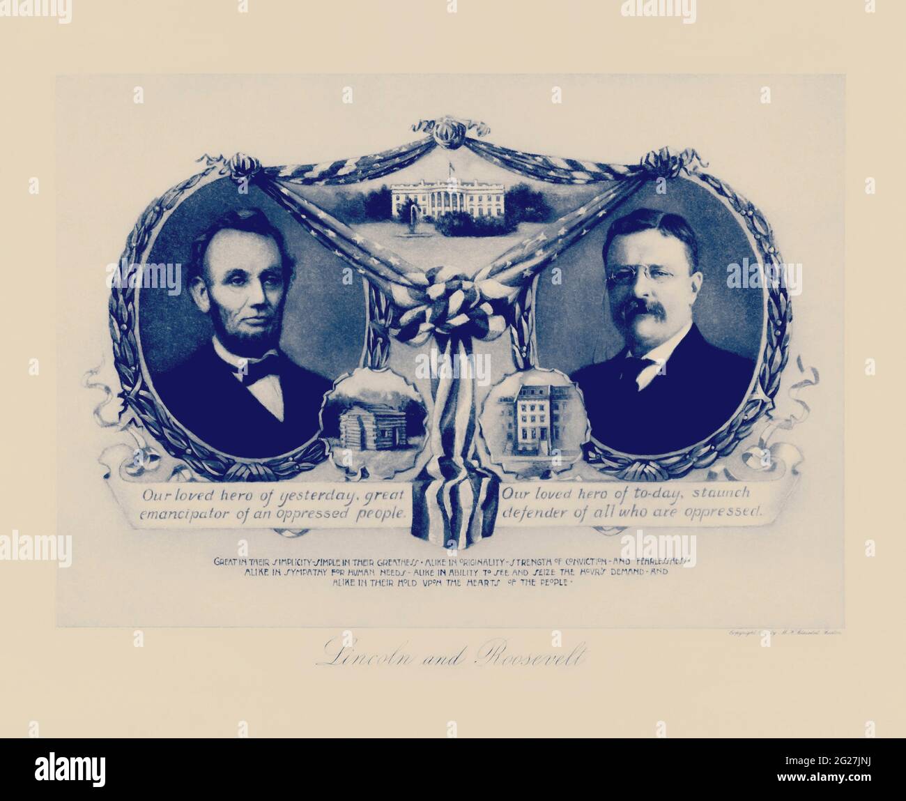 Portraits des présidents américains Abraham Lincoln et Theodore Roosevelt avec leurs lieux de naissance respectifs. Banque D'Images