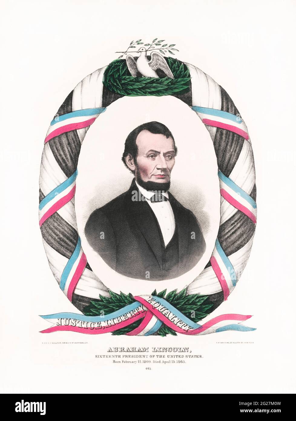 Portrait d'Abraham Lincoln en buste entouré d'une guirlande et d'un ruban rouge, blanc et bleu. Banque D'Images