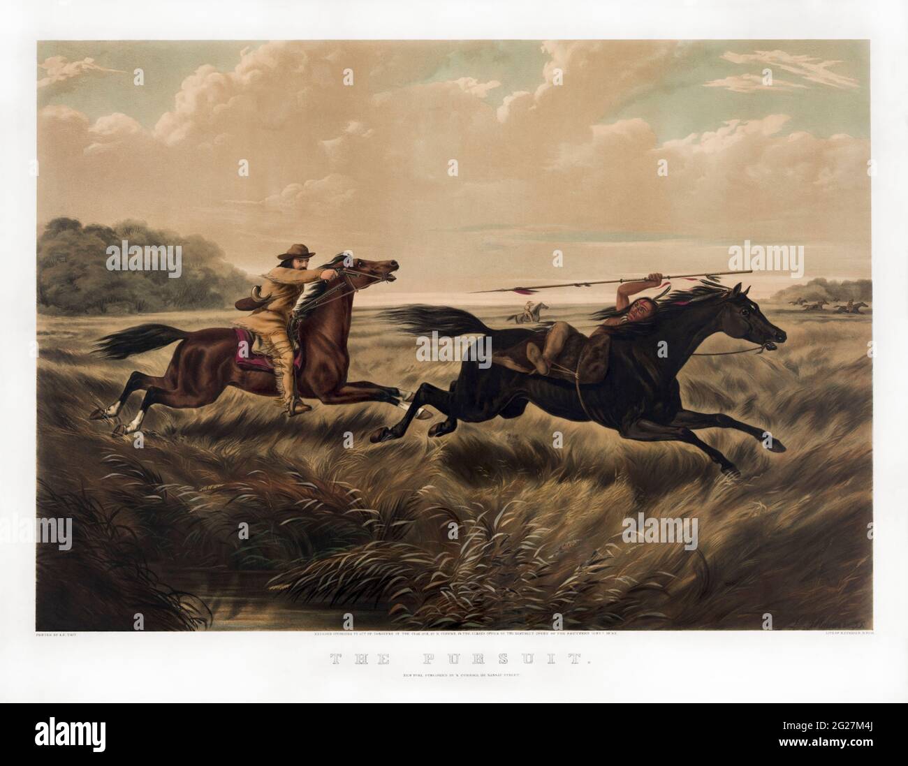 Un cow-boy avec un pistolet à cheval à la chasse d'un amérindien avec une lance à cheval Banque D'Images