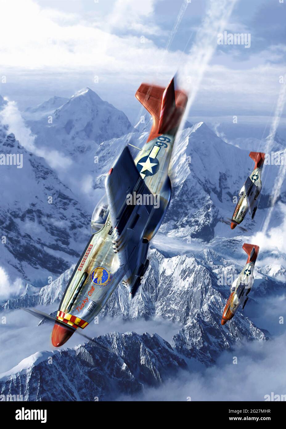 Des aviateurs Tuskegee volant près des Alpes dans leur Mustangs P-51. Banque D'Images