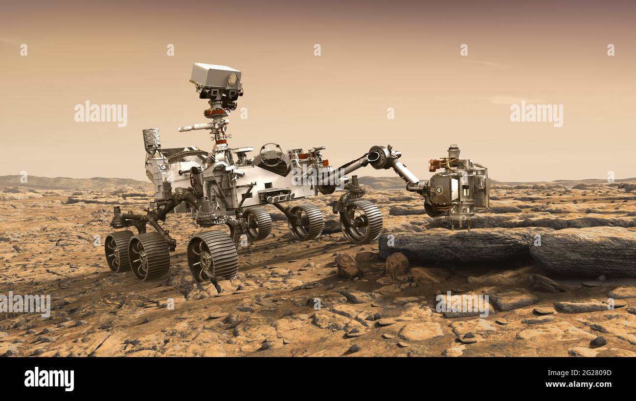 Concept d'artiste de la persévérance rover de la NASA étudiant un affleurement de Mars rock. Banque D'Images