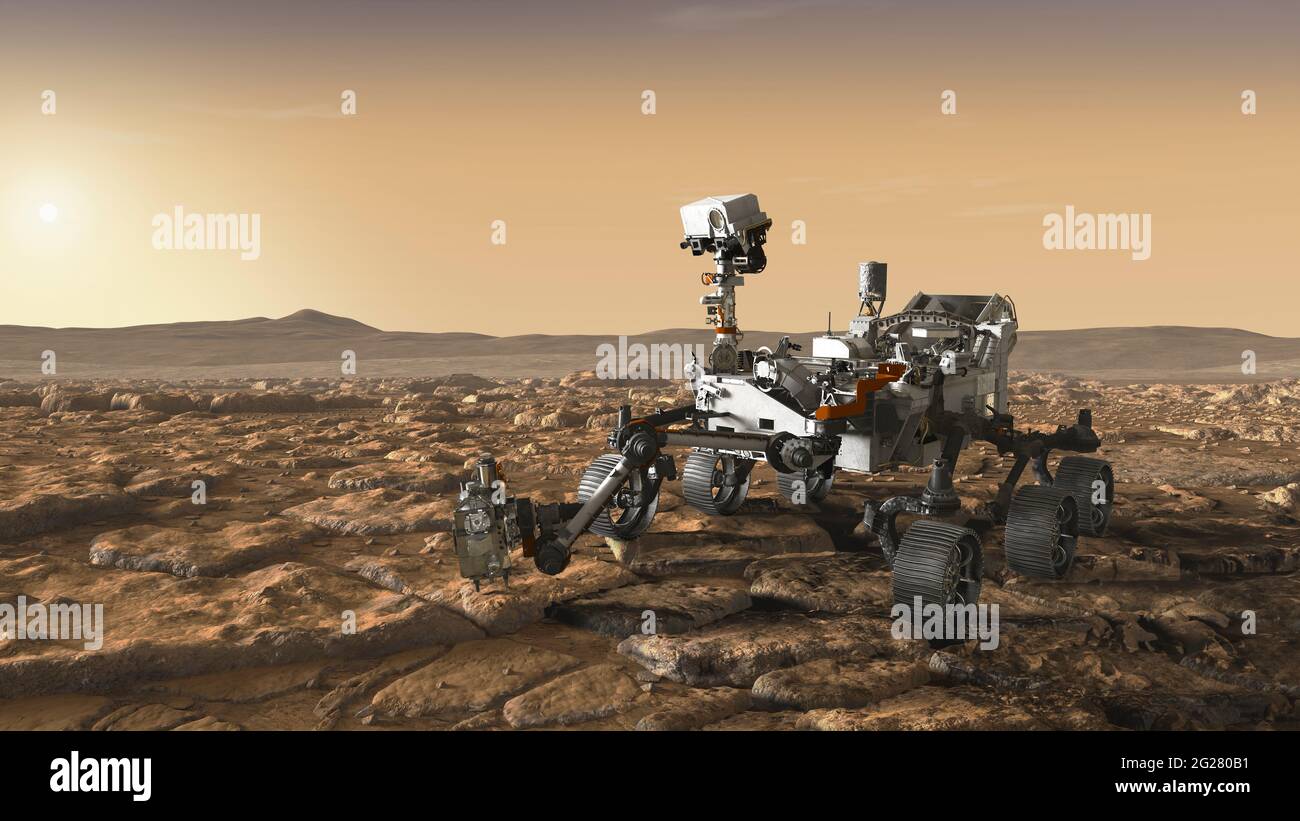 Concept d'artiste du rover persévérance explorant Mars. Banque D'Images