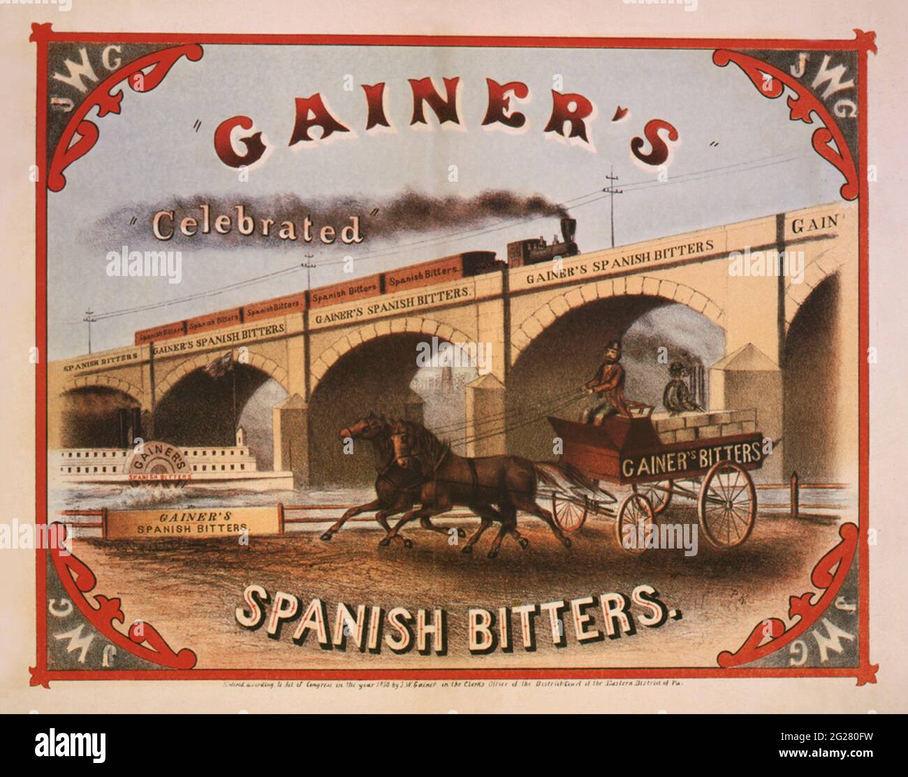 Étiquette de brevet de médecine, montrant les bitters espagnols de Gainer transportés, vers 1868. Banque D'Images