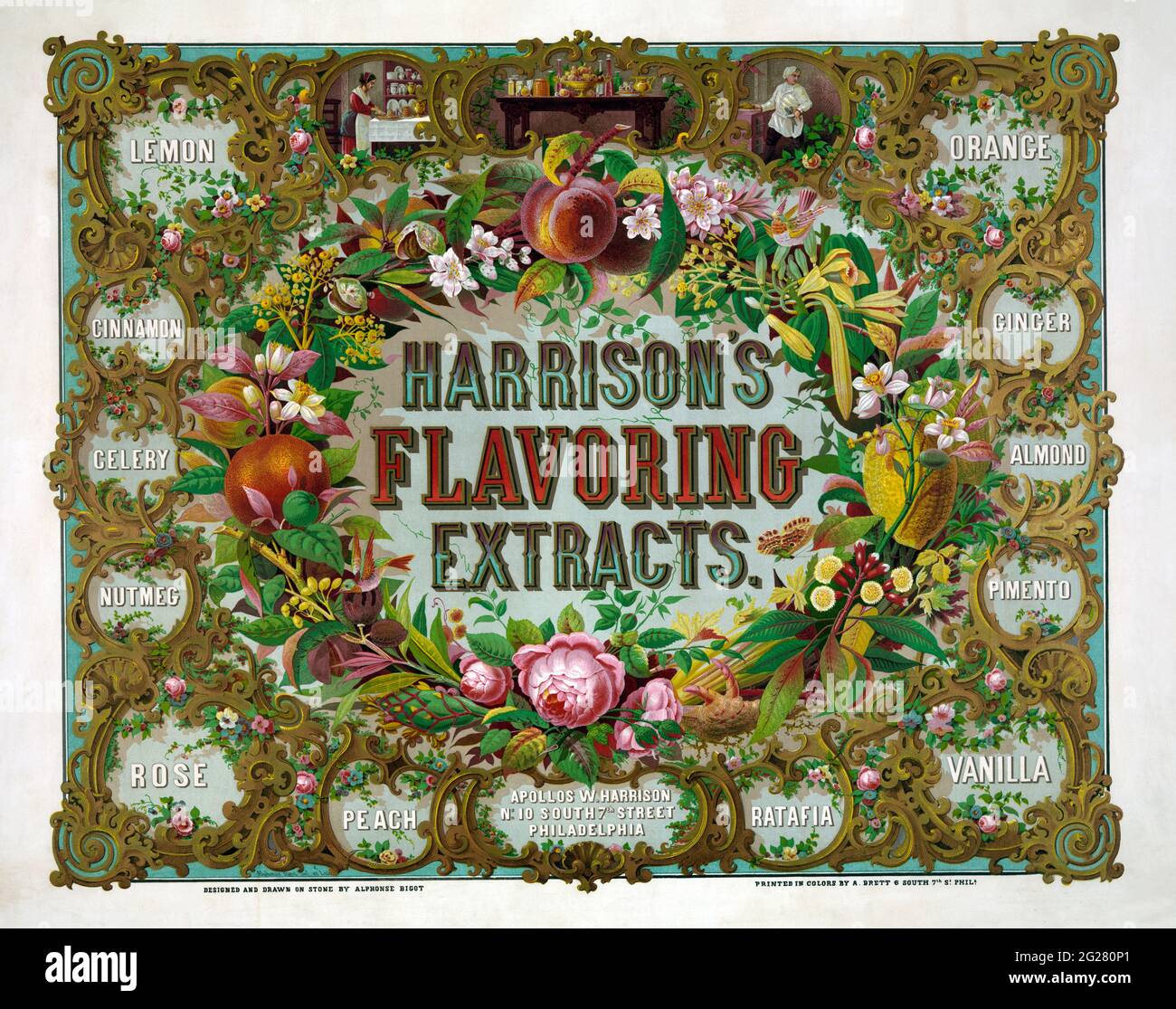 Publicité vintage pour les extraits aromatisants de Harrison, Philadelphie, vers 1868 Banque D'Images