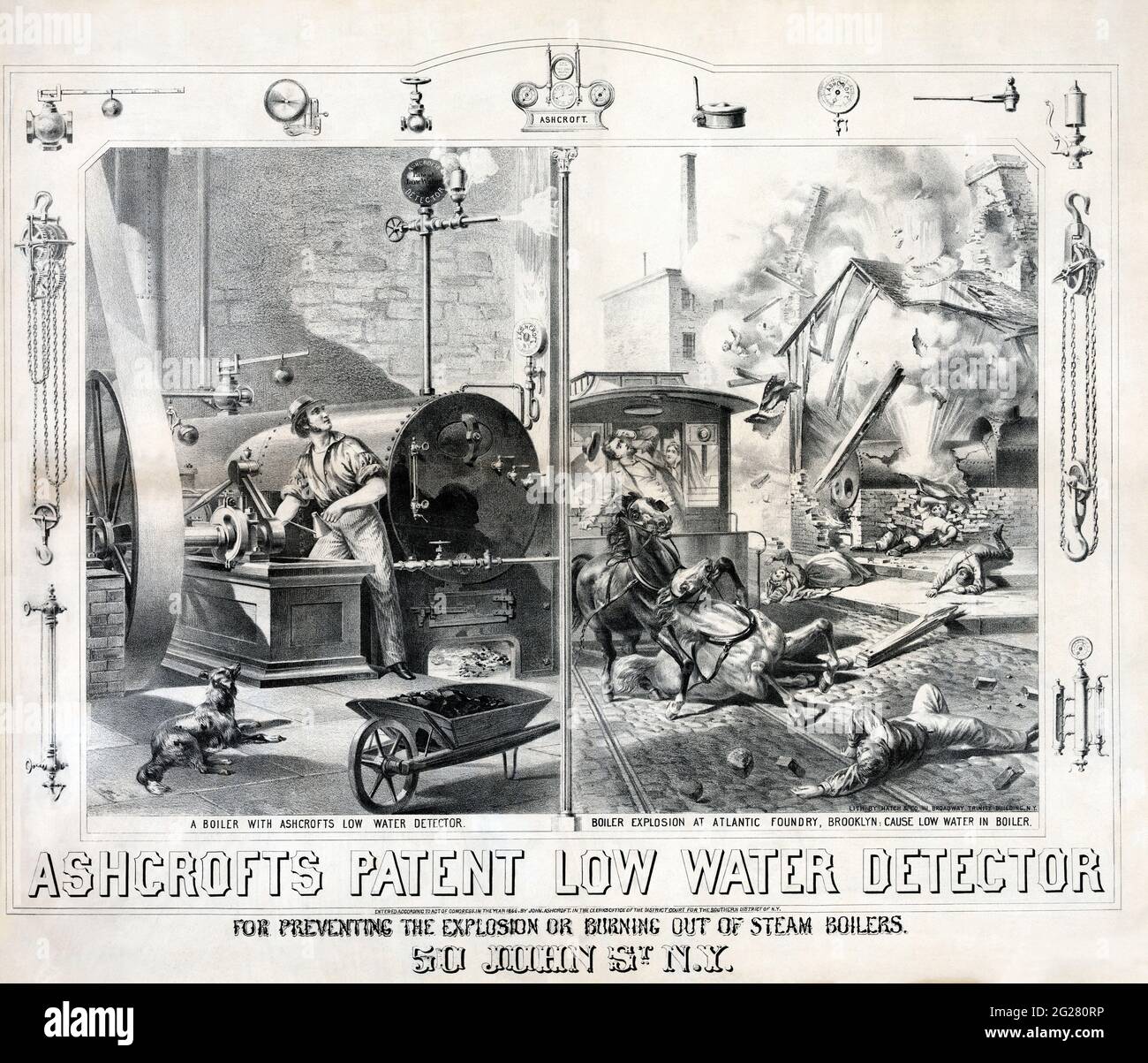 Publicité vintage pour le détecteur de basse eau breveté d'Ashcroft, vers 1866. Banque D'Images