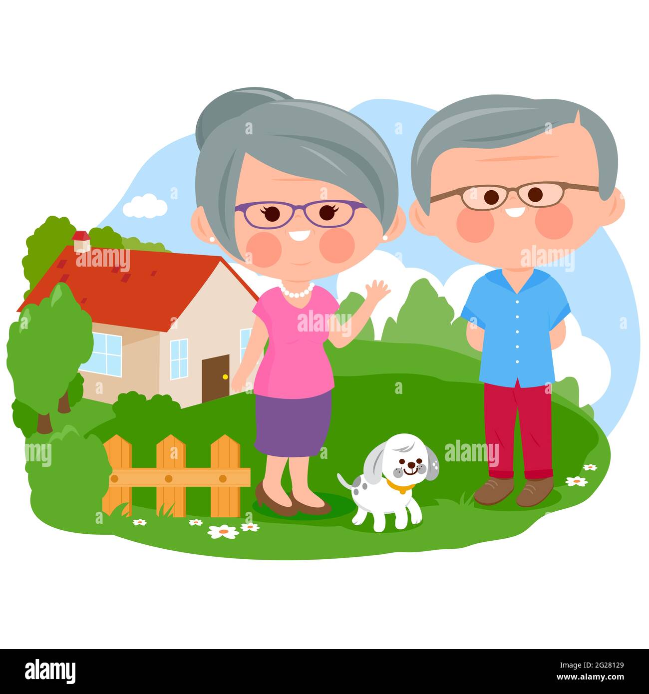 Heureux couple senior debout devant leur maison. Banque D'Images
