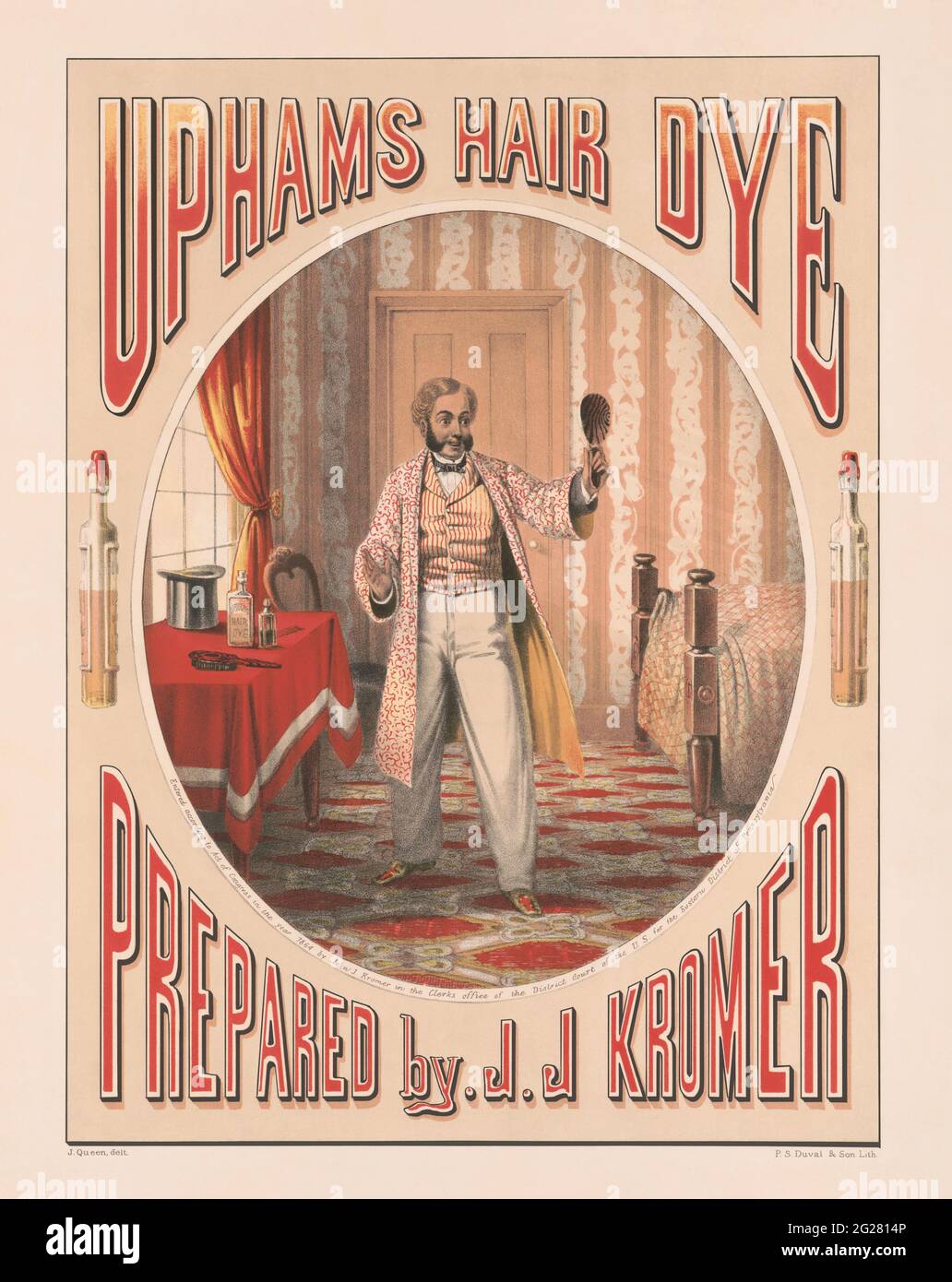 Publicité vintage pour le colorant capillaire Uphams préparée par J.J. Kromer, vers 1864 Banque D'Images