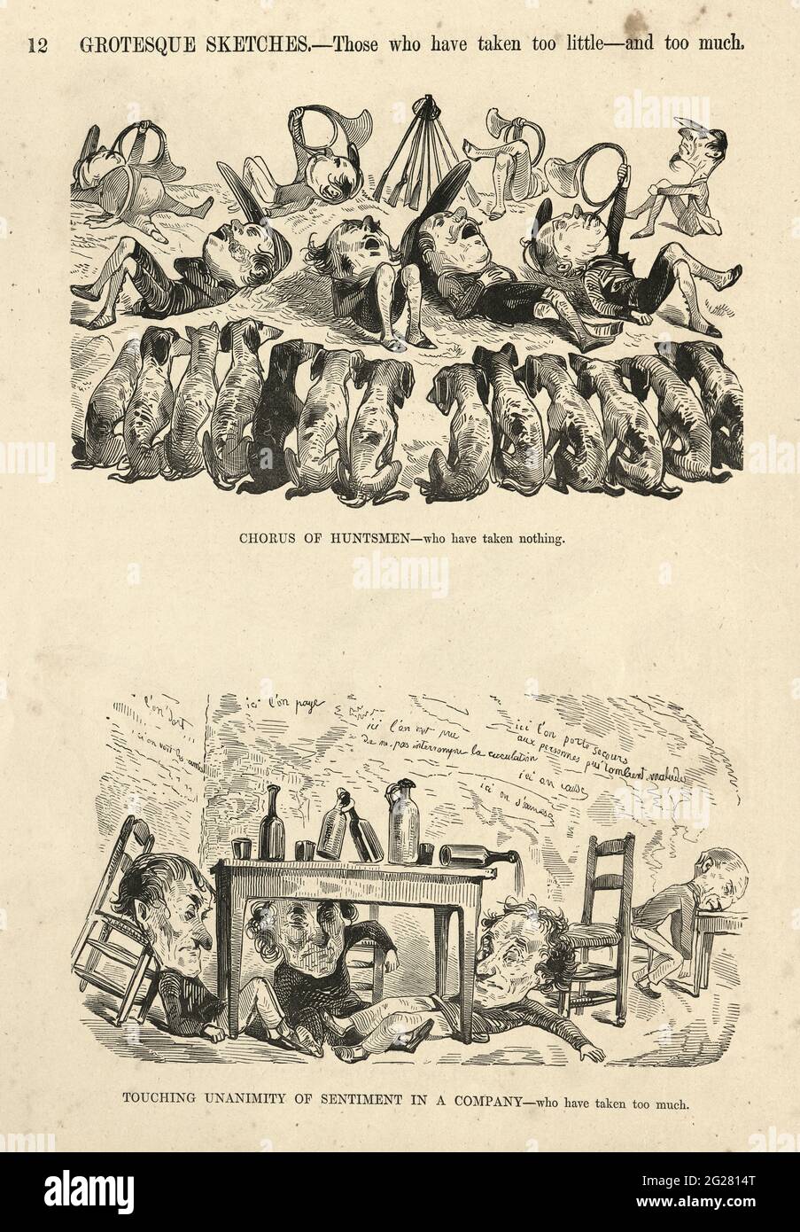 Caricatures humoristiques et grotesques par Gustave Dore, victorien des années 1860, Thise Whi ont pris trop peu et trop Banque D'Images
