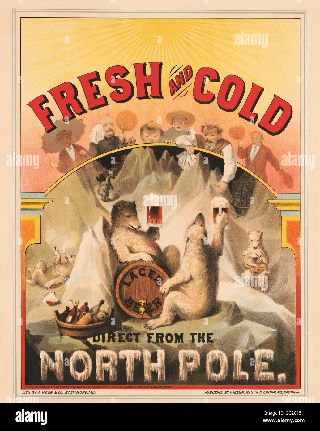 Publicité vintage d'une scène au pôle Nord où les ours polaires apprécient les tasses de bière lager Banque D'Images