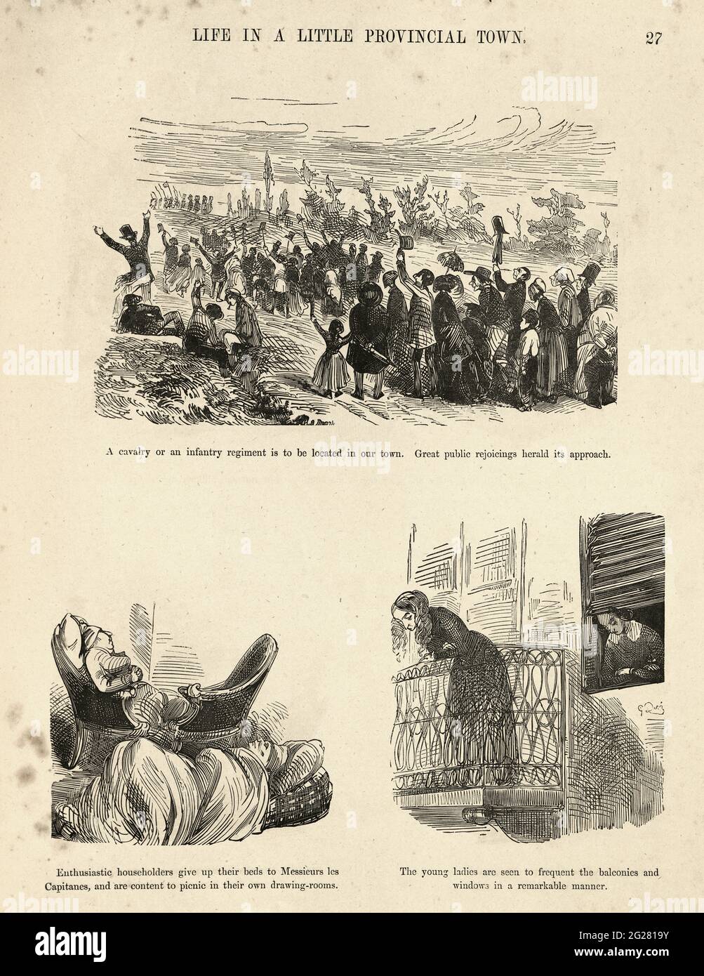 Caricatures humoristiques et grotesques de Gustave Dore, victorienne des années 1860. La vie dans une petite ville provinciale Banque D'Images