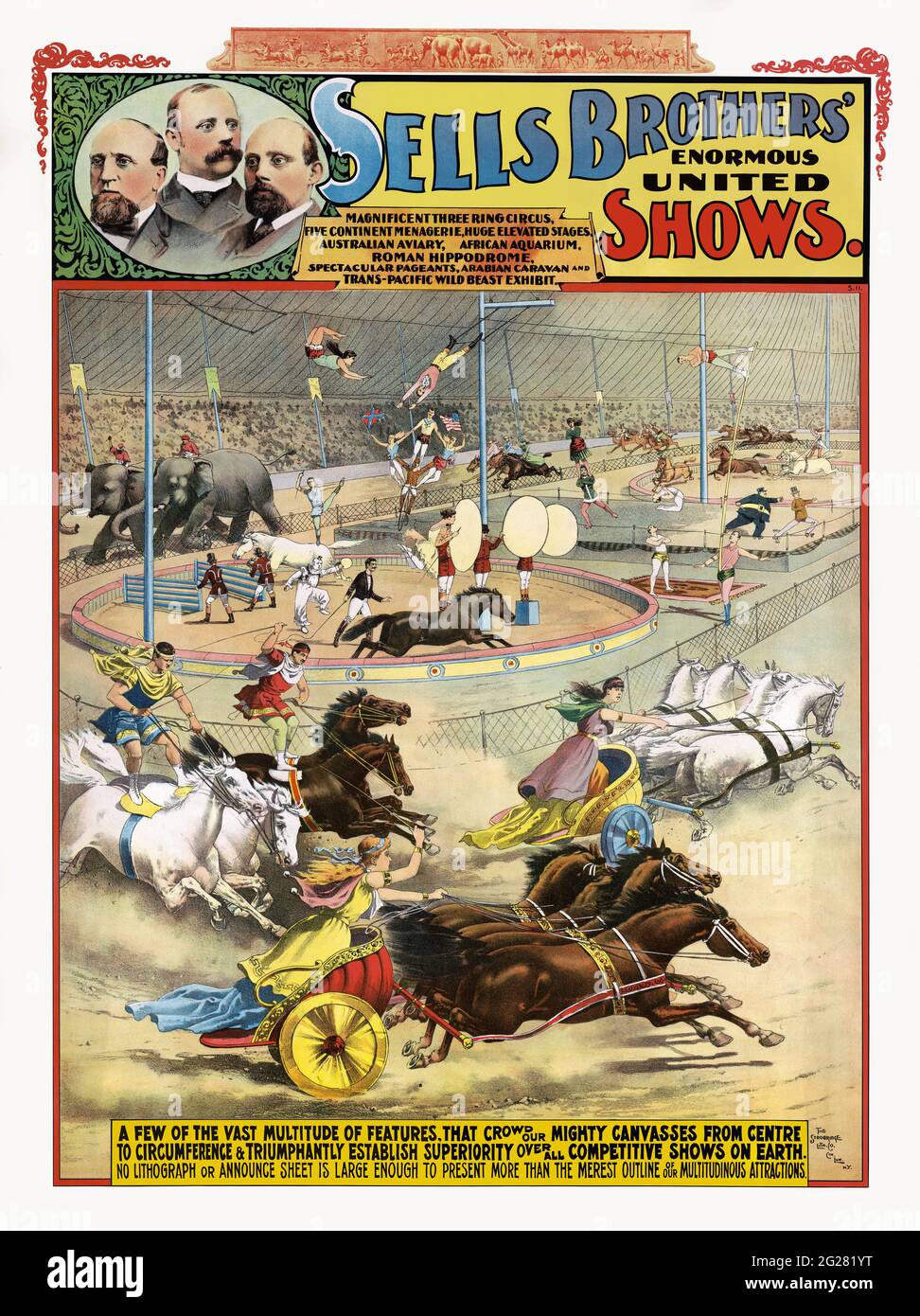 Vend une affiche de cirque Brothers montrant l'intérieur d'une tente de cirque avec divers actes de cirque. Banque D'Images