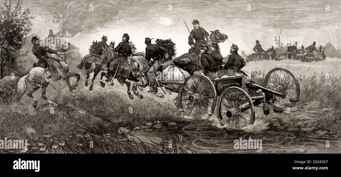 Des hommes qui voyagent sur un poisson remorquant un petit canon pendant la bataille de Chancellorsville. Banque D'Images