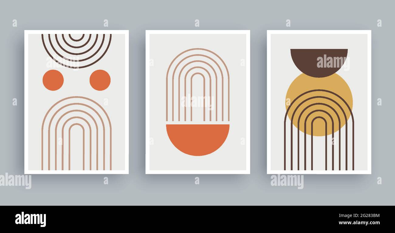 Lignes abstraites de peinture d'art mural et arrière-plan de cercle. Éléments géométriques minimalistes et ligne dessinée à la main. Style scandinave scandinave du milieu du siècle. Illustration de Vecteur