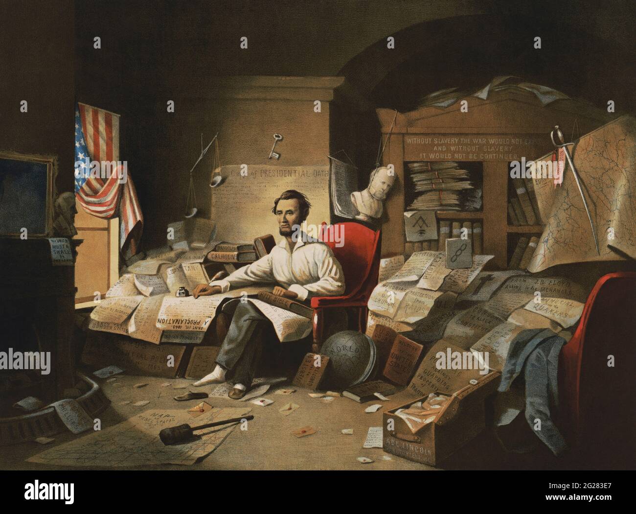 Président Lincoln, rédaction de la proclamation de la liberté, 1er janvier 1863. Banque D'Images