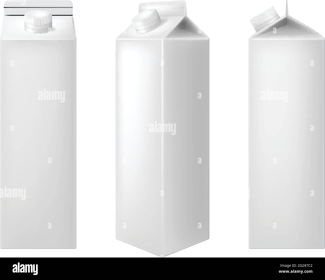 Boîte en carton blanc vierge pour le jus ou le lait en trois projections isolées sur fond blanc. Illustration vectorielle au réalisme photographique. Illustration de Vecteur