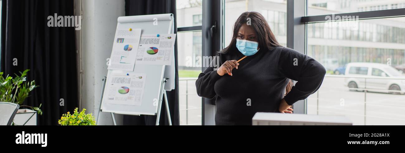 femme d'affaires afro-américaine de plus grande taille dans un masque médical debout avec la main sur la hanche au bureau, bannière Banque D'Images