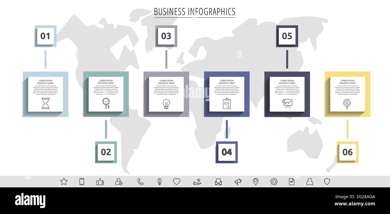 Infographies minimales avec six éléments carrés ou cadres rectangulaires. Visualisation moderne du concept d'entreprise en 6 étapes. Conception graphique plate Illustration de Vecteur